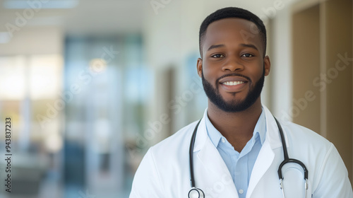 Portrait of Black male man doctor in white coat with stethoscope smiling clinic hospital background