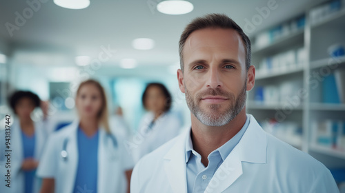 Portrait of Caucasian male man doctor in white coat with stethoscope smiling clinic hospital background