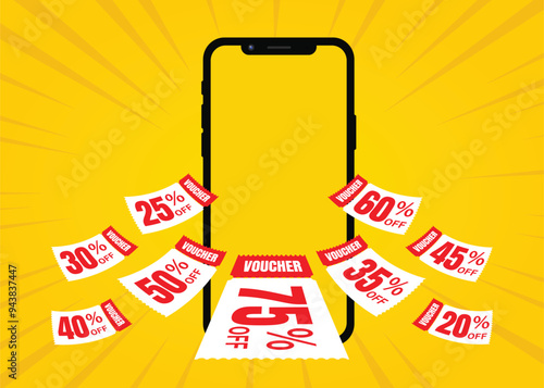Flying red vouchers with yellow background, vouchers, exchange. Discount, profitable purchases, Offers, Special premium price offers sale coupon. vector illustration, mobile pop up vouchers.