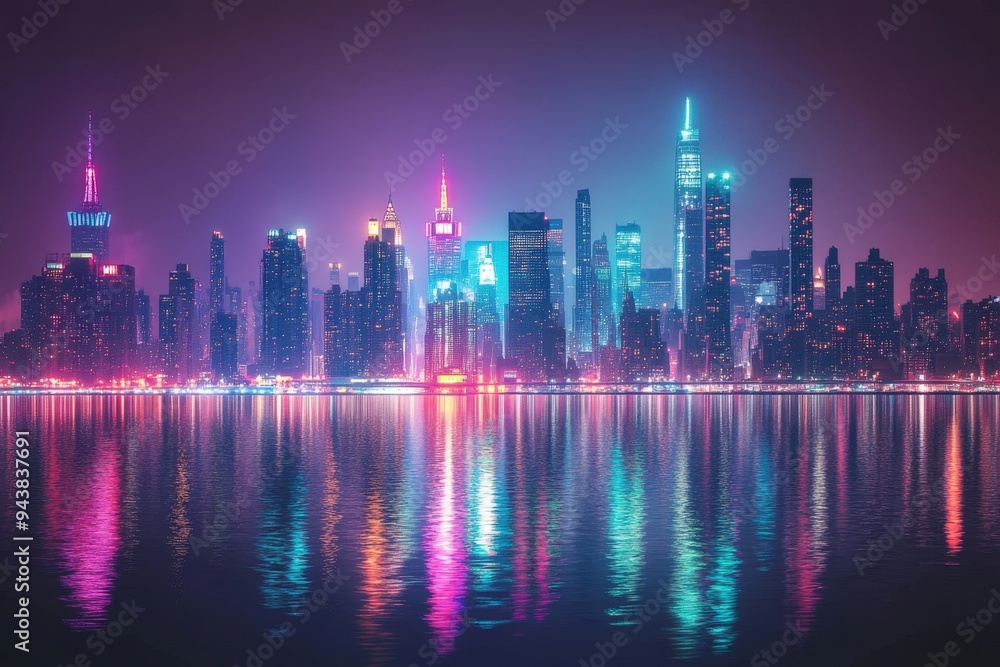 Fototapeta premium A neon lit cityscape at night by the water.