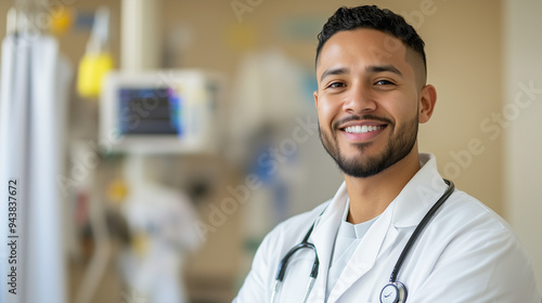 Portrait of  mixed race male man doctor in white coat with stethoscope smiling clinic hospital background photo