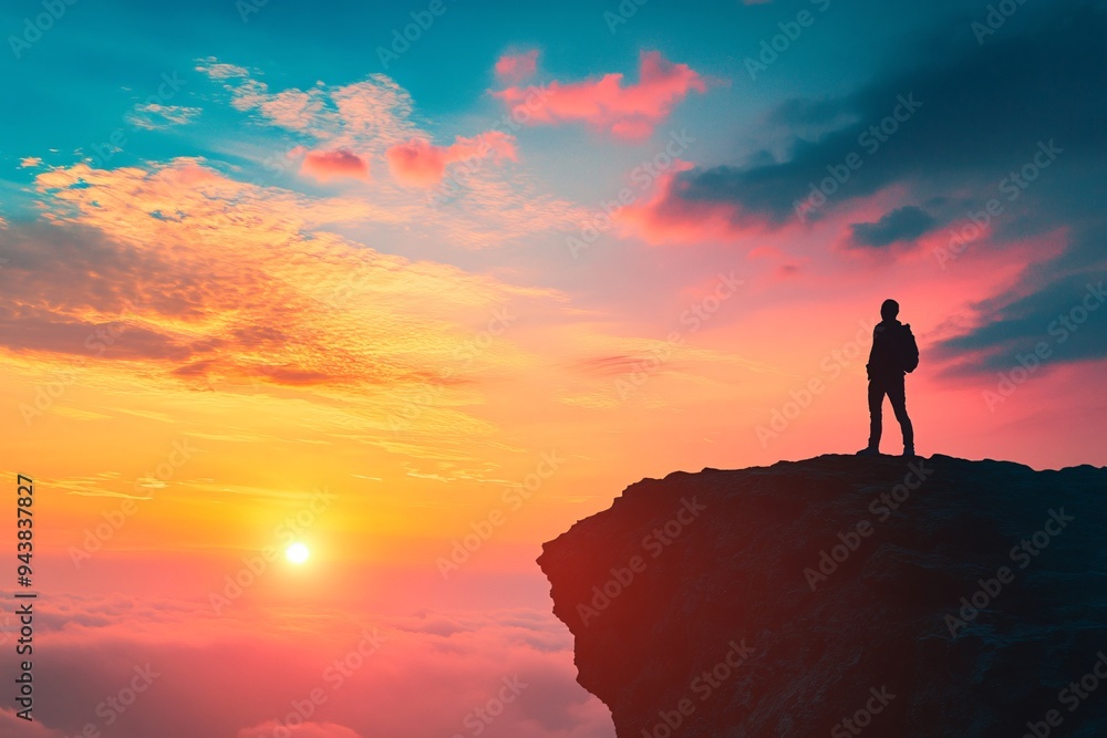 Silhouette of a Hiker at Sunset on a Mountain Top Silhouette of a Hiker at Sunset on a Mountain Top