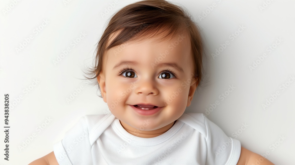A baby is smiling and looking at the camera. The baby is wearing a white shirt and is laying on a white background A baby is smiling and looking at the camera. The baby is wearing a white shirt and is laying on a white background