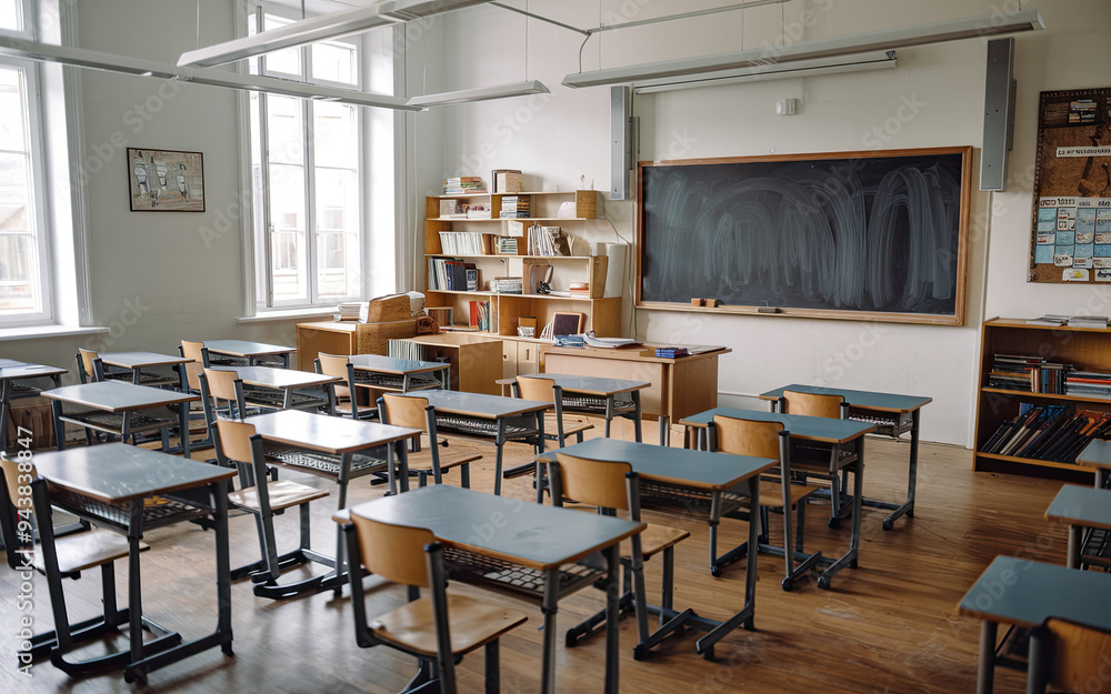 Empty high school classroom interior, featuring desks and chairs arranged for a back-to-school setting, emphasizing a clean and organized space ready for students Empty high school classroom interior, featuring desks and chairs arranged for a back-to-school setting, emphasizing a clean and organized space ready for students