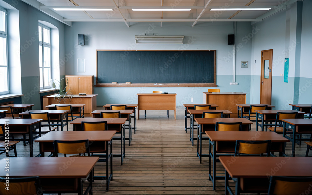 Empty high school classroom interior, featuring desks and chairs arranged for a back-to-school setting, emphasizing a clean and organized space ready for students Empty high school classroom interior, featuring desks and chairs arranged for a back-to-school setting, emphasizing a clean and organized space ready for students
