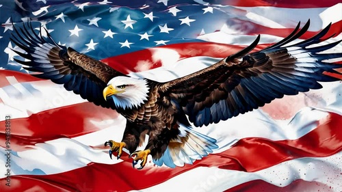 American flag with the image of a bald eagle fluttering in the wind