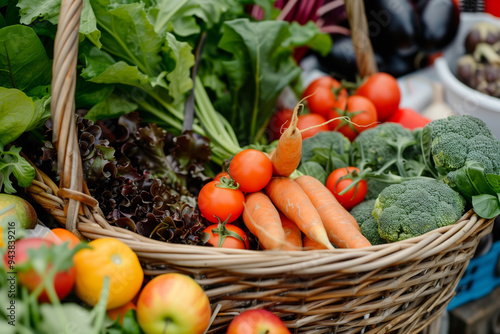 Organic farm cooperative supplying fresh produce to local urban communities.A carefully arranged wicker basket overflowing with fresh fruits and vegetables photo