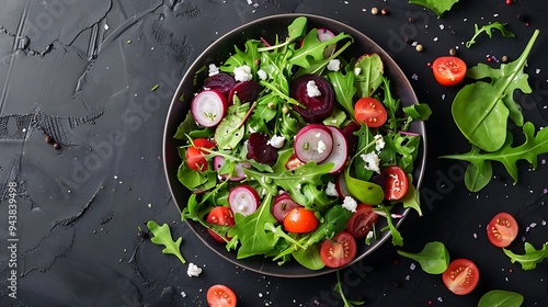 Close-up of a fresh salad with roasted beets, goat cheese, and arugula, set against a dark background, emphasizing the textures and vibrant colors,