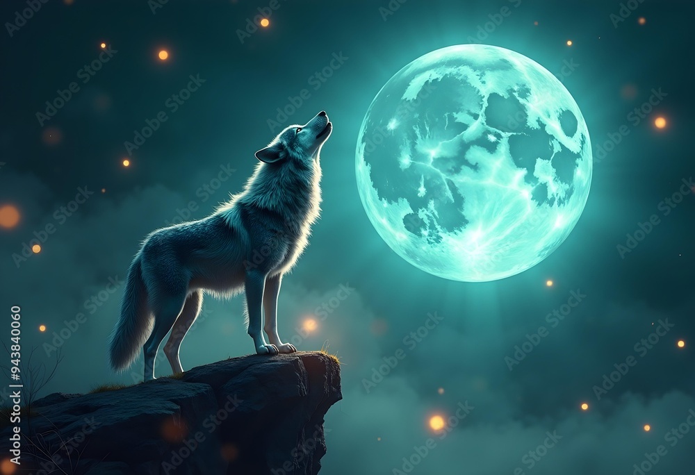Majestic Wolf Howling at a Bright Full Moon in a Night Sky Majestic Wolf Howling at a Bright Full Moon in a Night Sky