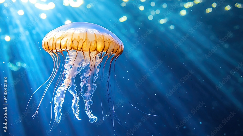 A solitary jellyfish drifting gracefully through deep blue waters, with sunlight filtering down from above A solitary jellyfish drifting gracefully through deep blue waters, with sunlight filtering down from above