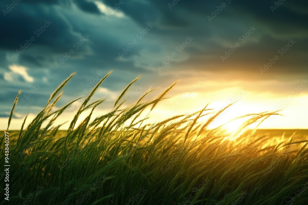Fototapeta premium Scenic sunset over a green field with tall grass swaying in the breeze, under a dramatic cloudy sky, capturing nature's serene beauty.