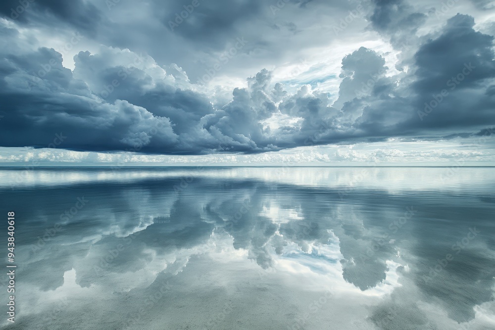 Obraz premium A calm sea reflects the sky, which is overcast with a few breaks in the clouds.