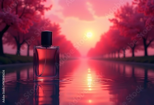 Elegant Perfume Bottle at Sunset with Cherry Blossom Reflection