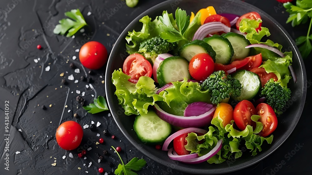 Close-up shot of a colorful medley of fresh vegetables including bell peppers, cherry tomatoes, cucumbers, and red onions, lightly dressed in vinaigrette, set against a dark background, Close-up shot of a colorful medley of fresh vegetables including bell peppers, cherry tomatoes, cucumbers, and red onions, lightly dressed in vinaigrette, set against a dark background,