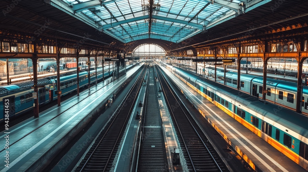 A train station with solar panels integrated into its roof, providing clean energy to power the station and trains. A train station with solar panels integrated into its roof, providing clean energy to power the station and trains.