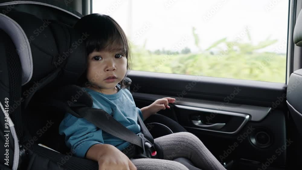 happy toddler girl sitting in a car seat, safety baby chair travelling happy toddler girl sitting in a car seat, safety baby chair travelling