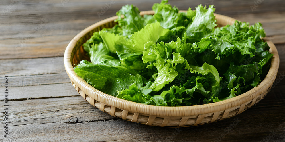 Green lettuce leaves in a wooden basket on a wooden table Green lettuce leaves in a wooden basket on a wooden table