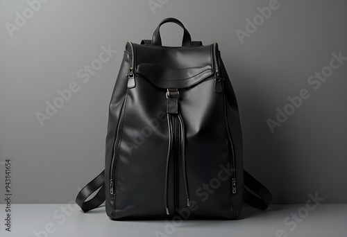 Sleek Black Leather Backpack with Zippers and Buckle on a Gray Background