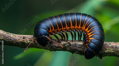 Close-Up of Colorful Millipede on Tree Branch in Rainforest