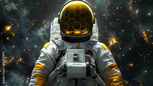 Astronaut in a golden helmet against a starry night sky. photo