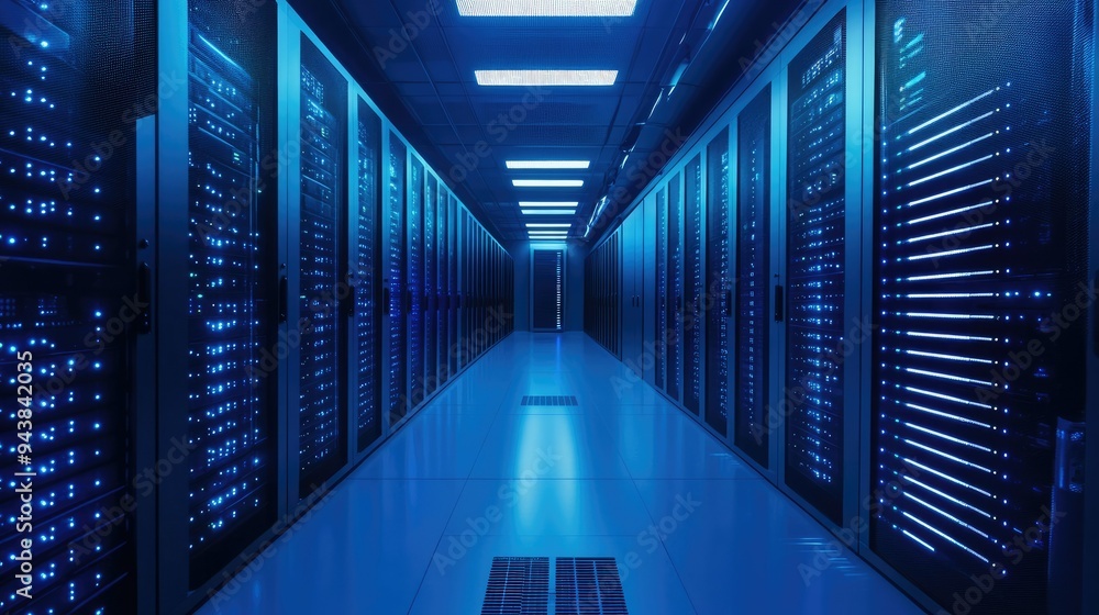 Data center interior with rows of servers and cooling systems, representing the infrastructure of communication networks Data center interior with rows of servers and cooling systems, representing the infrastructure of communication networks