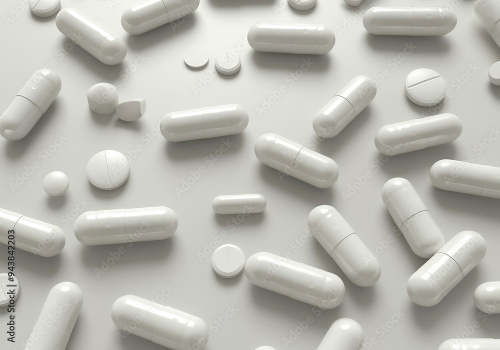 White capsule and pills on a white background, medical drugs White capsule and pills on a white background, medical drugs