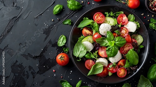 Fresh salad with different types of tomatoes - cherry, heirloom, and grape - mixed with basil and mozzarella, displayed in a minimalist style on a dark plate with a dark background, photo