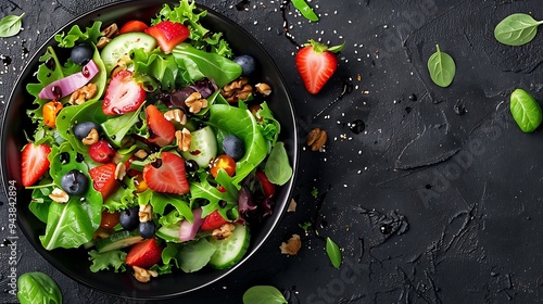 Fresh salad with greens, strawberries, blueberries, nuts, and balsamic reduction, displayed in a minimalist style on a dark plate with a dark background,