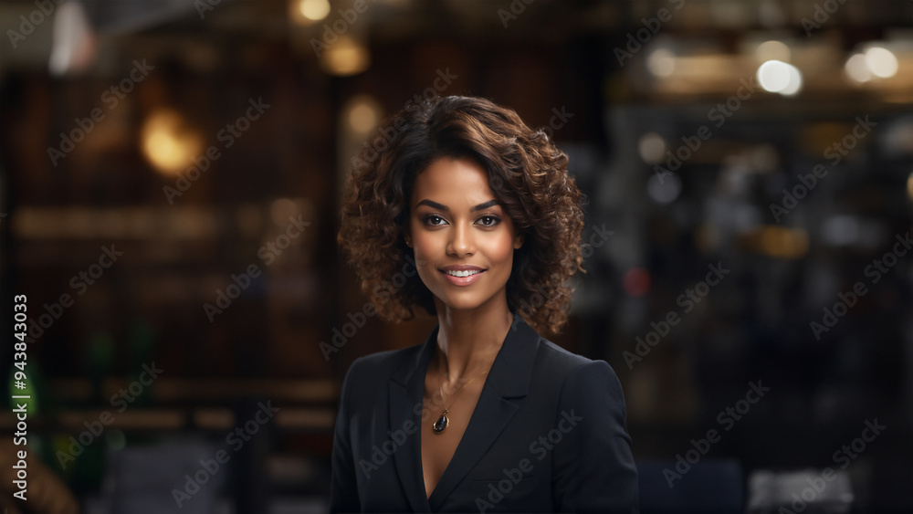 Empowered and poised Black American businesswoman, exuding confidence and natural beauty. Brunette with neat hair and a warm smile, gazing confidently at camera Empowered and poised Black American businesswoman, exuding confidence and natural beauty. Brunette with neat hair and a warm smile, gazing confidently at camera