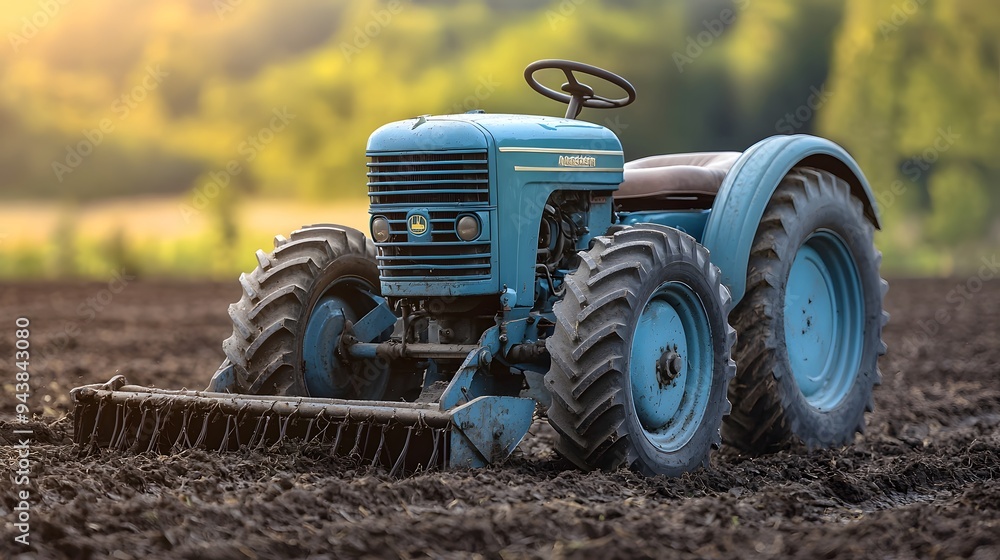 Obraz premium Vintage blue tractor on freshly plowed field at sunset