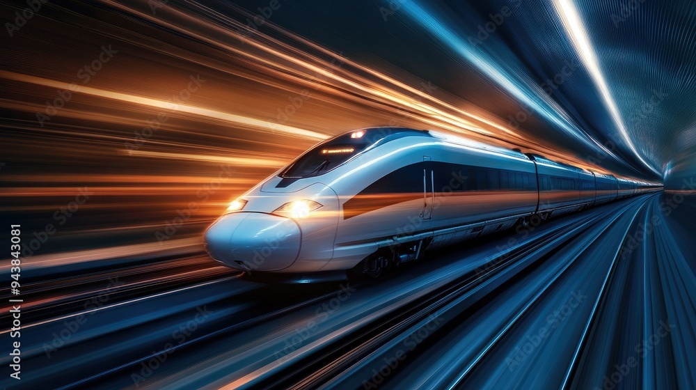 Fototapeta premium A bullet train speeding through a tunnel, with bright lights illuminating its sleek design, symbolizing the pinnacle of railway technology.