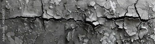 Close-up image of cracked and peeling paint on a weathered surface, showcasing texture, aging, and decay in monochromatic grayscale tones.