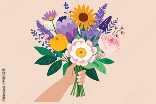 peonies sunflower lavender chamomile a small bouquet in your hands