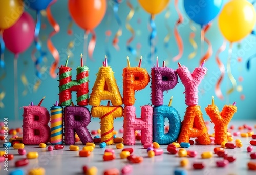Colorful Happy Birthday Pinata Letters with Balloons and Confetti