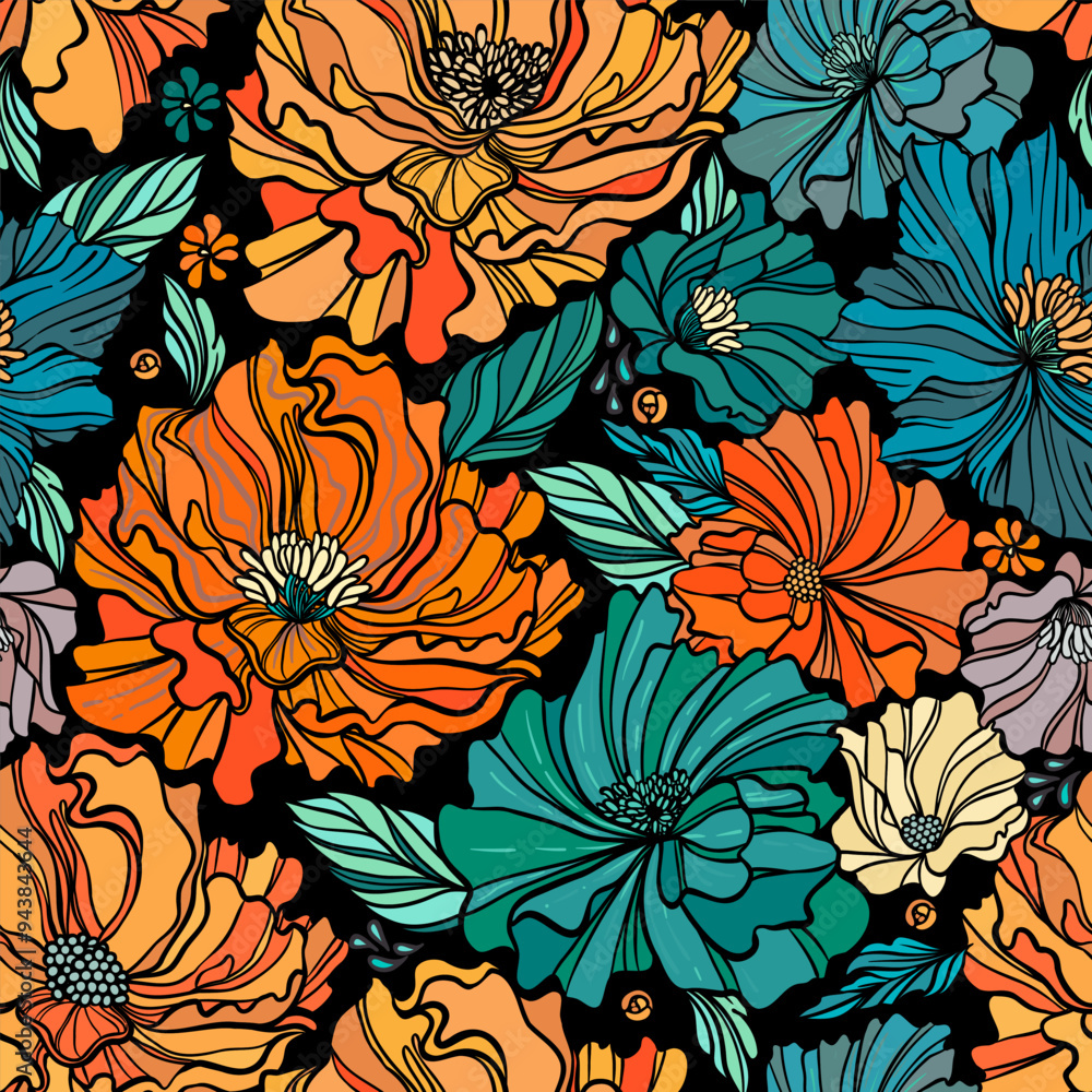 Bright seamless pattern with abstract flowers in fresh color palette. Endless background. Ethnic seamless pattern. Vector backdrop. Summer template. Bright seamless pattern with abstract flowers in fresh color palette. Endless background. Ethnic seamless pattern. Vector backdrop. Summer template.