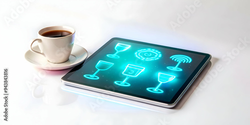 Flat Holographic tablet with drink symbols glowing above surrounded by ample white copy space concept as A tablet lies flat on a smooth white surface with two glowing holographic drink symbols hoverin