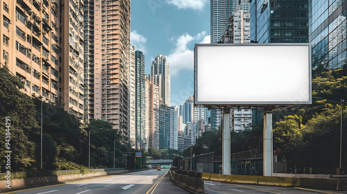 Large Blank Billboards in Urban Cityscape with Skyscrapers