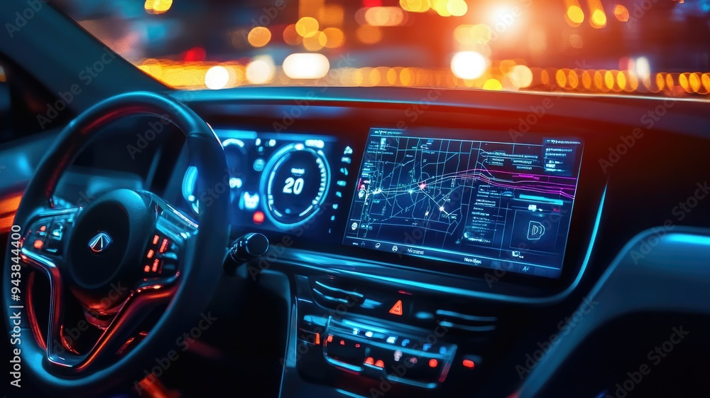 A digital dashboard in a smart car, displaying navigation, communication, and entertainment functions with voice control A digital dashboard in a smart car, displaying navigation, communication, and entertainment functions with voice control