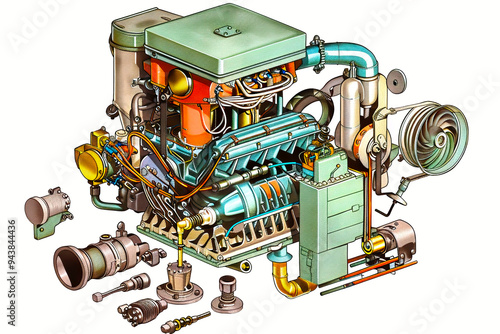 Powerful marine engine exploded view showing the details of all the mechanical parts