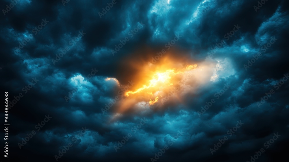 Dramatic storm clouds with a vivid burst of orange light breaking through, creating a stunning contrast and a sense of awe in the sky. Dramatic storm clouds with a vivid burst of orange light breaking through, creating a stunning contrast and a sense of awe in the sky.