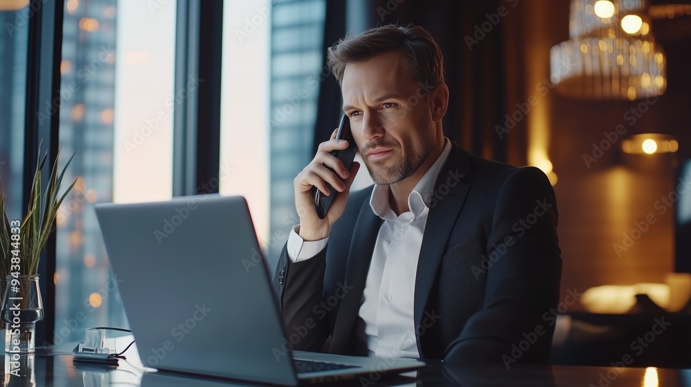 Businessman engaged in a phone call with a laptop open, working late in a modern office with city views at sunset Businessman engaged in a phone call with a laptop open, working late in a modern office with city views at sunset