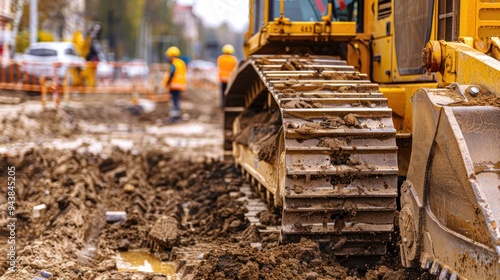 A bulldozer excavator lifting a load of dirt, with workers and safety barriers visible in the background photo