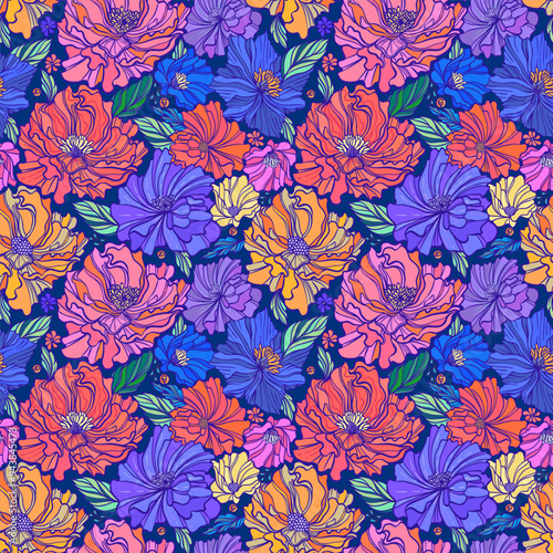 Bright seamless pattern with abstract flowers in fresh color palette. Endless...