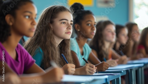 A group of students attentively writing in a classroom setting.