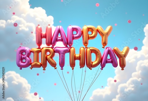 Happy Birthday Balloon Letters in the Sky with Confetti