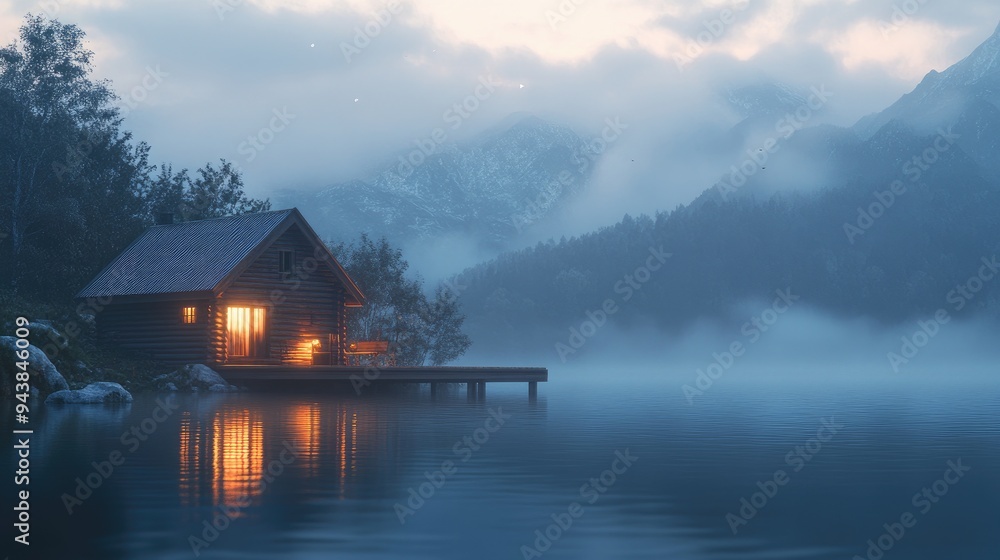 Fototapeta premium Dusk falls on a wooden house by a lake, its lights reflecting off the water, with misty mountains adding to the tranquil, scenic beauty.