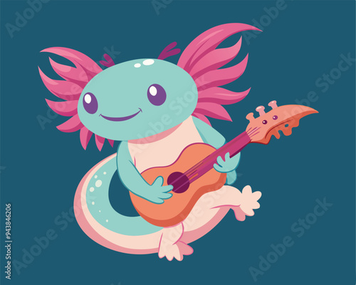 cute axolotl playing guitar illustration on solid background