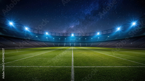 Beautiful sports stadium illuminated by blue spotlights at night, green grass field under starry sky, modern arena architecture, vibrant lighting design, outdoor event venue, stunning nighttime