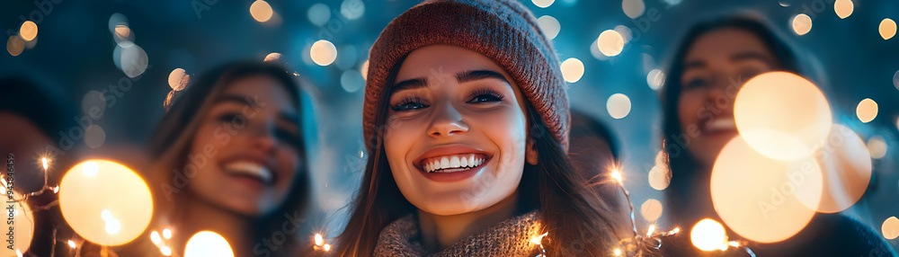 People with Sparkling Lights and Happy Smiles concept as A group of people surrounded by sparkling lights with happy smiles set against a whimsical background offering ample space for text or graphics People with Sparkling Lights and Happy Smiles concept as A group of people surrounded by sparkling lights with happy smiles set against a whimsical background offering ample space for text or graphics