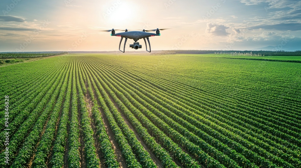 A drone hovering above a large farm, capturing data on crop health, with rows of green crops stretching out below. A drone hovering above a large farm, capturing data on crop health, with rows of green crops stretching out below.